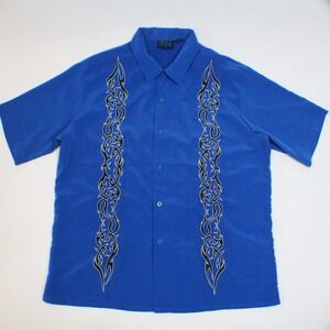 MT:2 Mens XL Royal Blue Tribal Graphic Short Sleeve Button Down Shirt Y2K Edgy